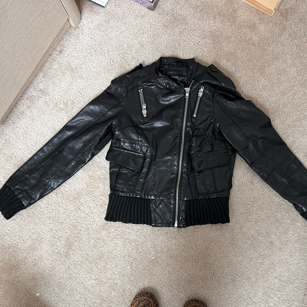 Black Leather Jacket with Ribbed Trim